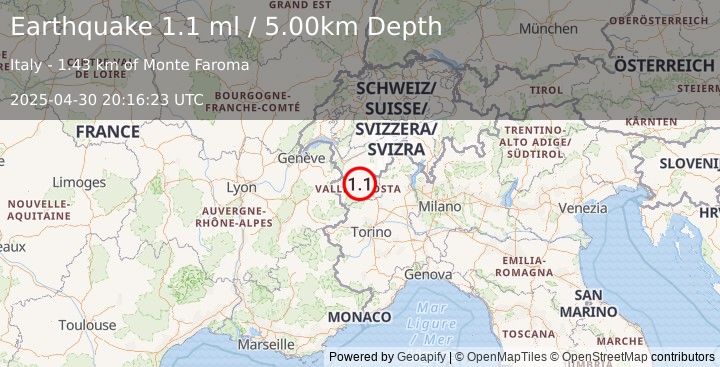 Earthquake NORTHERN ITALY (1.1 ml) (2025-04-30 20:16:23 UTC)