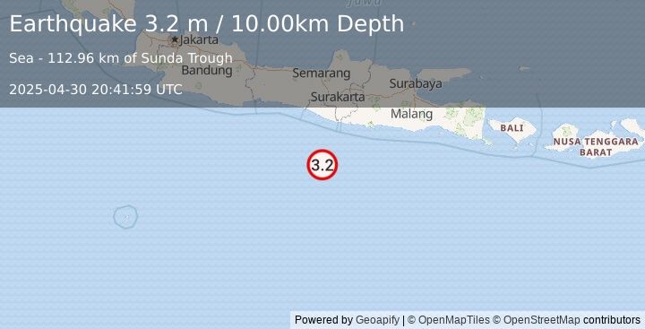 Earthquake SOUTH OF JAVA, INDONESIA (3.2 m) (2025-04-30 20:41:59 UTC)