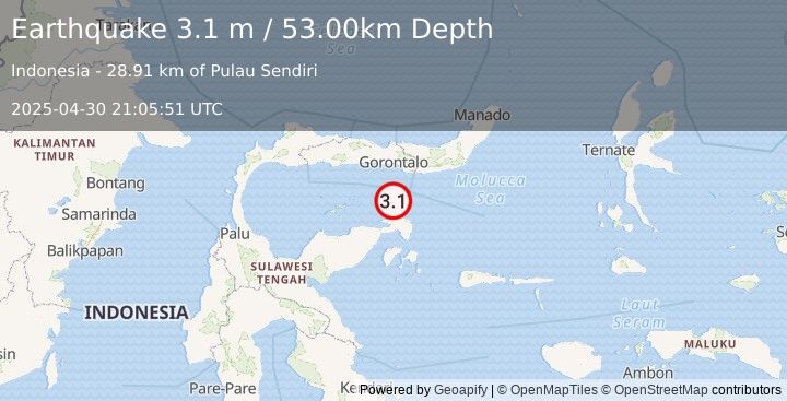 Earthquake SULAWESI, INDONESIA (3.1 m) (2025-04-30 21:05:51 UTC)