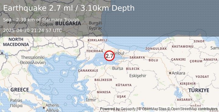 Earthquake WESTERN TURKEY (2.8 ml) (2025-04-30 21:25:28 UTC)