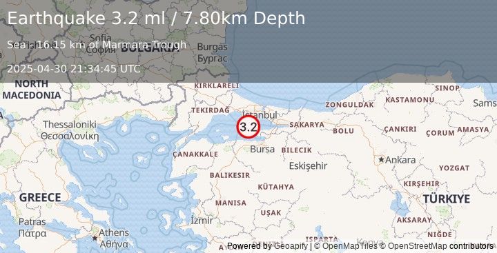 Earthquake WESTERN TURKEY (3.2 ml) (2025-04-30 21:34:45 UTC)