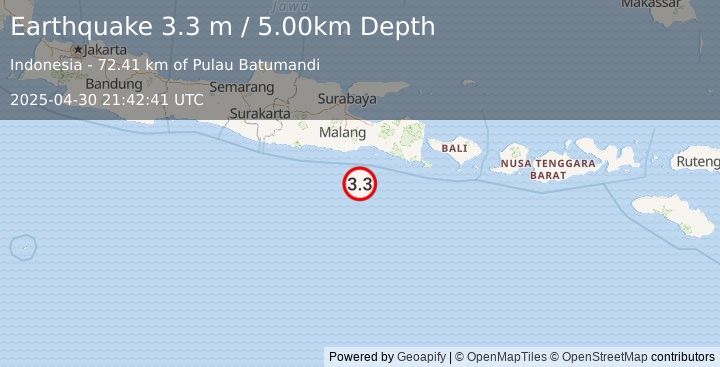 Earthquake SOUTH OF JAVA, INDONESIA (3.3 m) (2025-04-30 21:42:41 UTC)