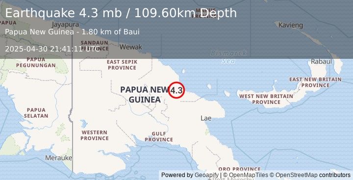 Earthquake EASTERN NEW GUINEA REG., P.N.G. (4.3 mb) (2025-04-30 21:41:11 UTC)