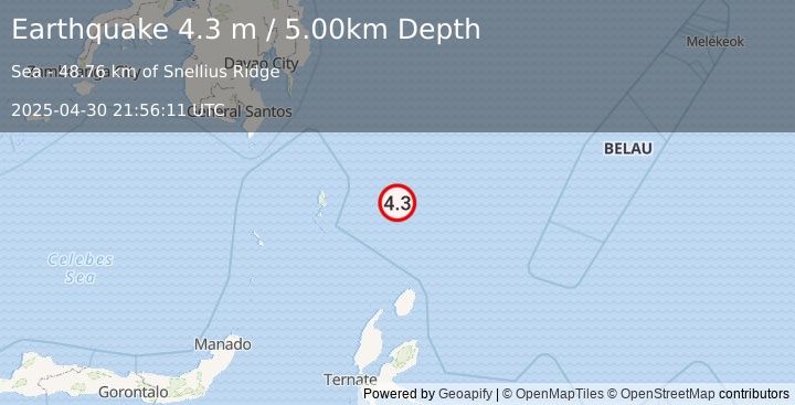 Earthquake NORTH OF HALMAHERA, INDONESIA (4.3 m) (2025-04-30 21:56:11 UTC)