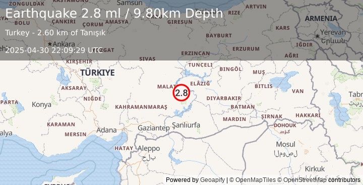 Earthquake EASTERN TURKEY (2.8 ml) (2025-04-30 22:09:29 UTC)