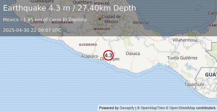 Earthquake GUERRERO, MEXICO (4.3 m) (2025-04-30 22:09:07 UTC)