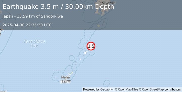 Earthquake RYUKYU ISLANDS, JAPAN (3.5 m) (2025-04-30 22:35:30 UTC)