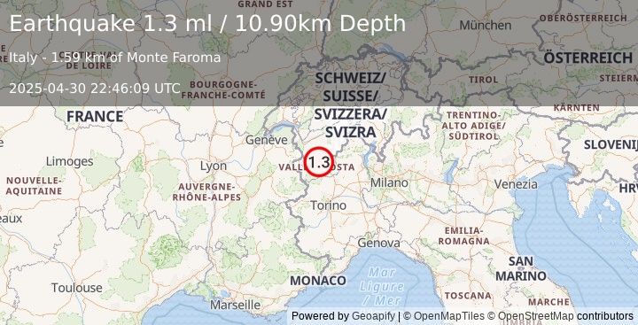 Earthquake NORTHERN ITALY (1.3 ml) (2025-04-30 22:46:09 UTC)
