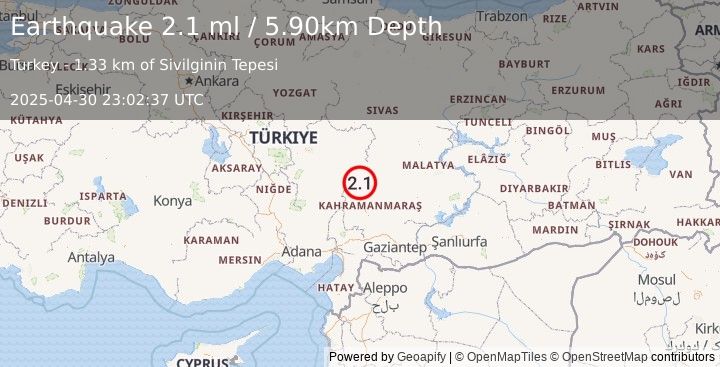 Earthquake CENTRAL TURKEY (2.1 ml) (2025-04-30 23:02:37 UTC)