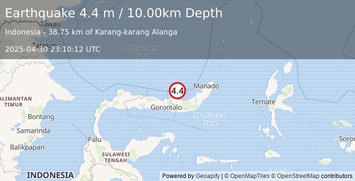 Earthquake MINAHASA, SULAWESI, INDONESIA (4.4 m) (2025-04-30 23:10:12 UTC)