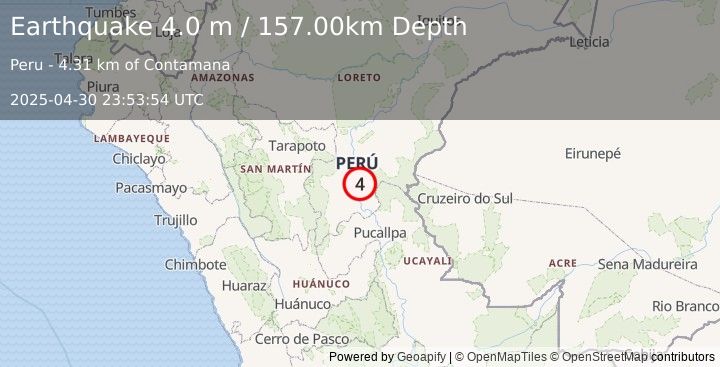 Earthquake NORTHERN PERU (4.0 m) (2025-04-30 23:53:54 UTC)