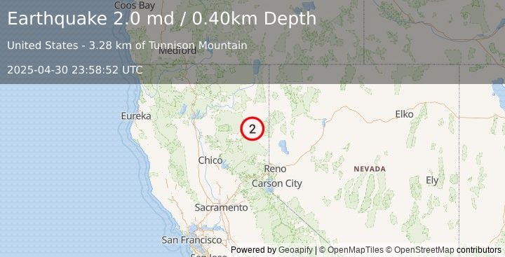 Earthquake NORTHERN CALIFORNIA (2.0 md) (2025-04-30 23:58:52 UTC)