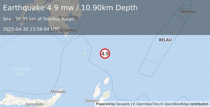 Earthquake NORTH OF HALMAHERA, INDONESIA (4.9 mw) (2025-04-30 23:56:04 UTC)