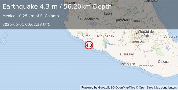 Earthquake MICHOACAN, MEXICO (4.3 m) (2025-05-01 00:02:33 UTC)