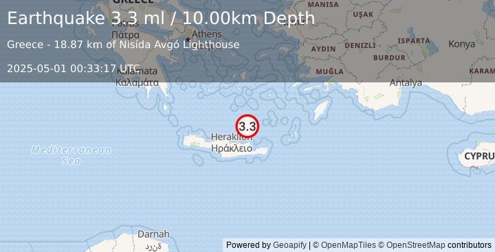 Earthquake CRETE, GREECE (3.5 ml) (2025-05-01 00:33:16 UTC)