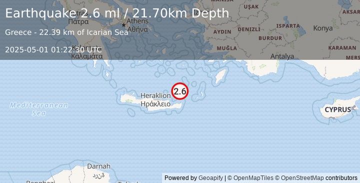 Earthquake CRETE, GREECE (2.6 ml) (2025-05-01 01:22:30 UTC)