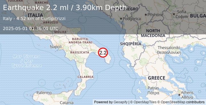 Earthquake SOUTHERN ITALY (2.2 ml) (2025-05-01 01:36:01 UTC)