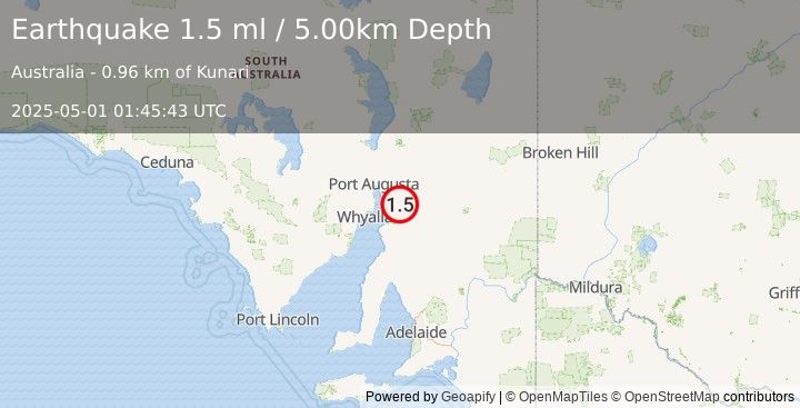 Earthquake NEAR COAST OF SOUTH AUSTRALIA (1.5 ml) (2025-05-01 01:45:43 UTC)