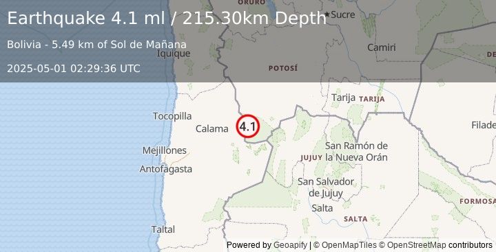 Earthquake POTOSI, BOLIVIA (4.5 ml) (2025-05-01 02:29:37 UTC)