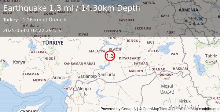 Earthquake EASTERN TURKEY (1.3 ml) (2025-05-01 02:22:29 UTC)