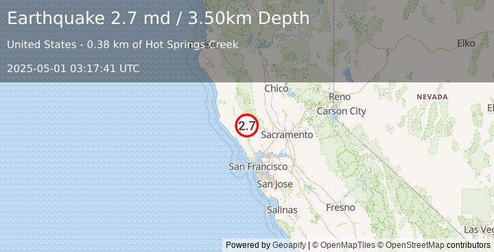 Earthquake NORTHERN CALIFORNIA (2.7 md) (2025-05-01 03:17:41 UTC)