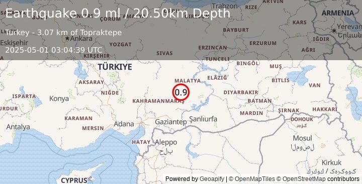 Earthquake CENTRAL TURKEY (0.9 ml) (2025-05-01 03:04:39 UTC)