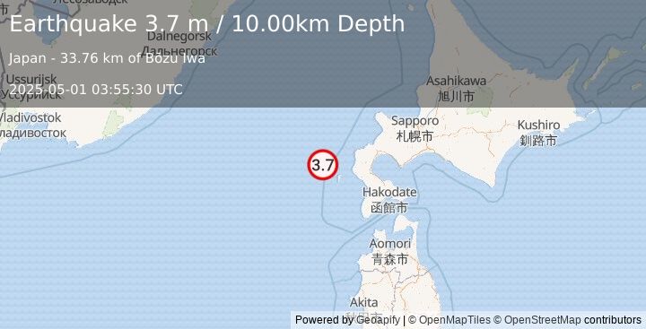 Earthquake HOKKAIDO, JAPAN REGION (3.7 m) (2025-05-01 03:55:30 UTC)