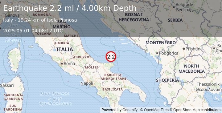 Earthquake ADRIATIC SEA (2.2 ml) (2025-05-01 04:08:12 UTC)