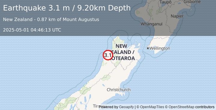 Earthquake SOUTH ISLAND OF NEW ZEALAND (3.1 m) (2025-05-01 04:46:13 UTC)