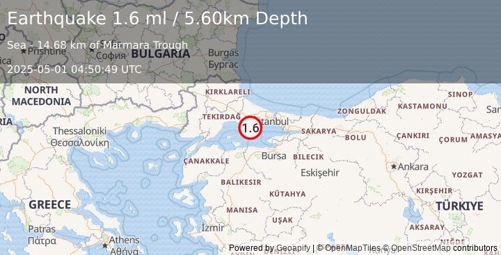 Earthquake WESTERN TURKEY (1.6 ml) (2025-05-01 04:50:49 UTC)