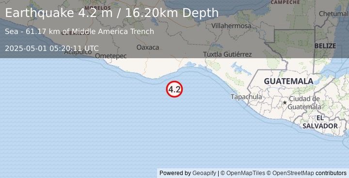 Earthquake OFFSHORE OAXACA, MEXICO (4.2 m) (2025-05-01 05:20:11 UTC)