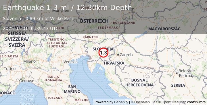 Earthquake SLOVENIA (1.3 ml) (2025-05-01 05:39:43 UTC)