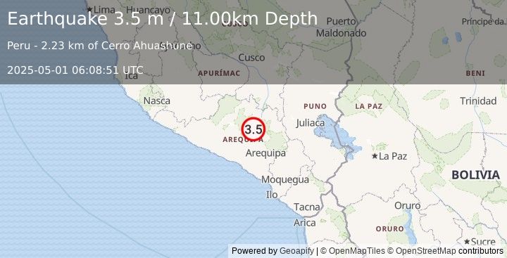 Earthquake SOUTHERN PERU (3.5 m) (2025-05-01 06:08:51 UTC)