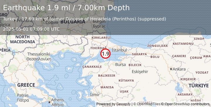Earthquake WESTERN TURKEY (1.9 ml) (2025-05-01 07:09:08 UTC)