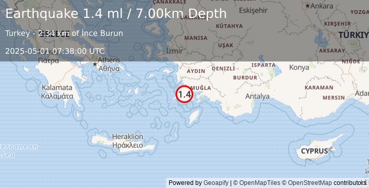 Earthquake DODECANESE IS.-TURKEY BORDER REG (1.4 ml) (2025-05-01 07:38:00 UTC)