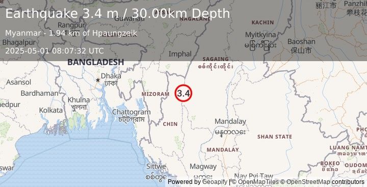 Earthquake MYANMAR (3.4 m) (2025-05-01 08:07:32 UTC)