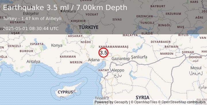 Earthquake CENTRAL TURKEY (3.5 ml) (2025-05-01 08:30:44 UTC)