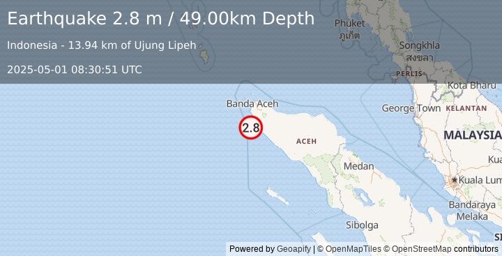 Earthquake NORTHERN SUMATRA, INDONESIA (2.8 m) (2025-05-01 08:30:51 UTC)