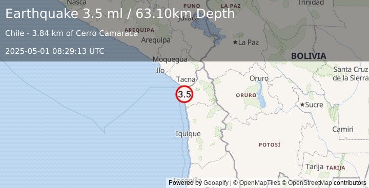 Earthquake TARAPACA, CHILE (3.5 ml) (2025-05-01 08:29:13 UTC)