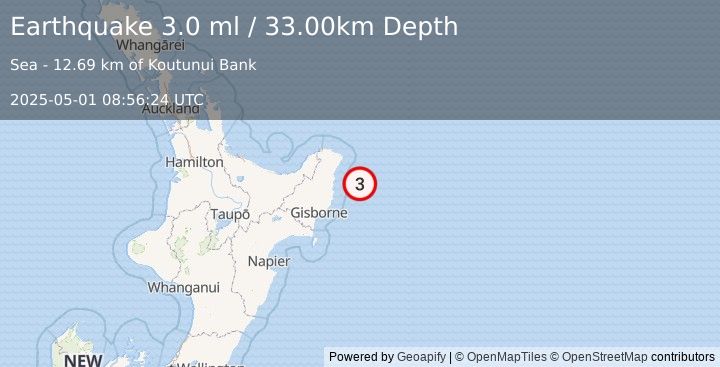 Earthquake OFF E. COAST OF N. ISLAND, N.Z. (3.0 ml) (2025-05-01 08:56:24 UTC)