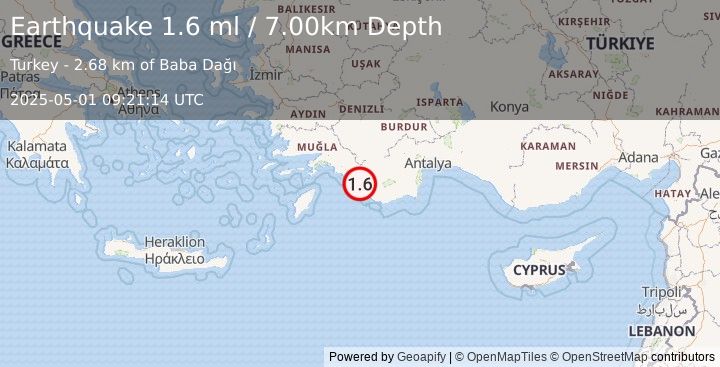 Earthquake WESTERN TURKEY (1.6 ml) (2025-05-01 09:21:14 UTC)
