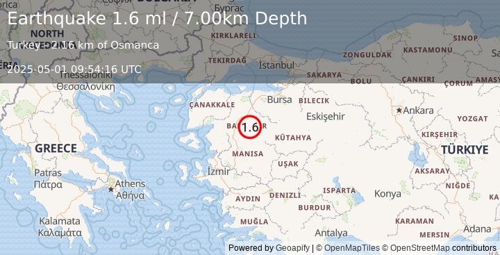 Earthquake WESTERN TURKEY (1.6 ml) (2025-05-01 09:54:16 UTC)