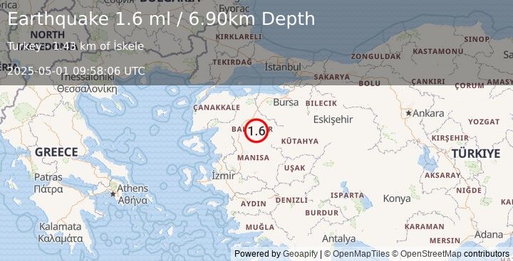 Earthquake WESTERN TURKEY (1.6 ml) (2025-05-01 09:58:06 UTC)