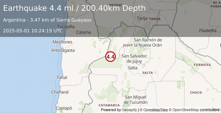 Earthquake SALTA, ARGENTINA (4.1 mw) (2025-05-01 10:24:20 UTC)