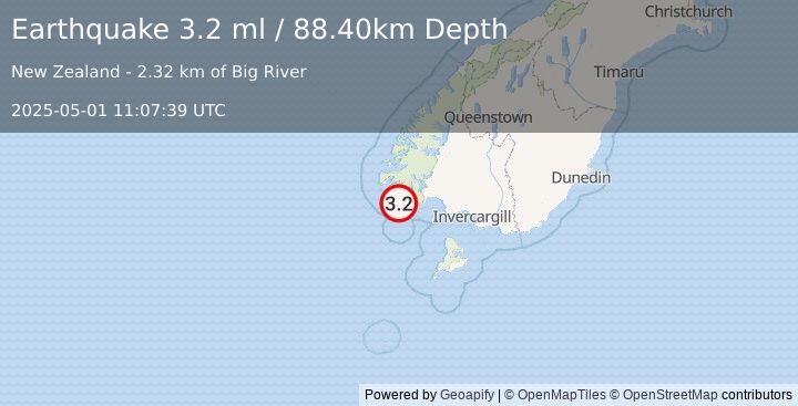 Earthquake OFF W. COAST OF S. ISLAND, N.Z. (3.2 ml) (2025-05-01 11:07:39 UTC)