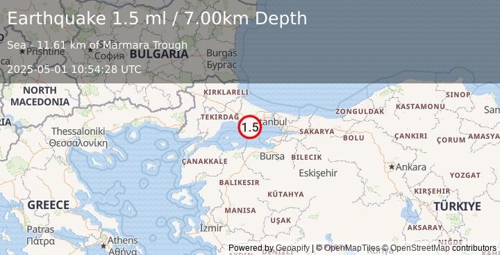 Earthquake WESTERN TURKEY (1.5 ml) (2025-05-01 10:54:28 UTC)