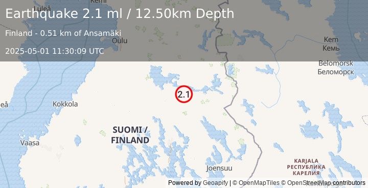 Earthquake FINLAND (2.1 ml) (2025-05-01 11:30:09 UTC)