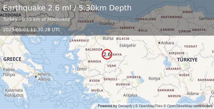Earthquake WESTERN TURKEY (2.6 ml) (2025-05-01 11:30:28 UTC)