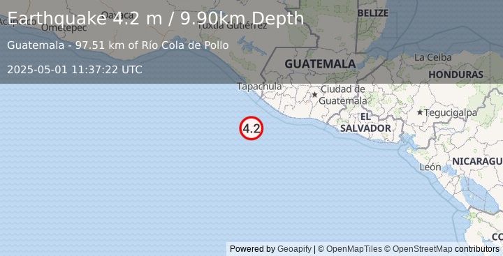 Earthquake OFFSHORE GUATEMALA (4.2 m) (2025-05-01 11:37:22 UTC)