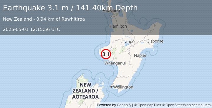 Earthquake NORTH ISLAND OF NEW ZEALAND (3.1 m) (2025-05-01 12:15:56 UTC)